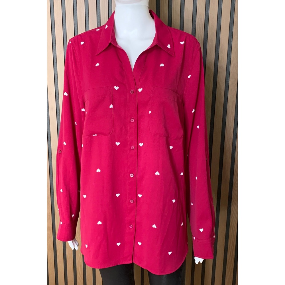 Talbots Women's Pink Heart Print Button Down Shirt Long Sleeve Pockets L